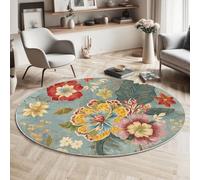 MLSOWM Tappeto Rotondo Stile Country 100cm Tappeto a Pelo Corto Fiori Complessi Antiscivolo Lavabile Facile da Pulire per Soggiorno, Camera da Letto, Camera dei Bambini, Grigio Blu