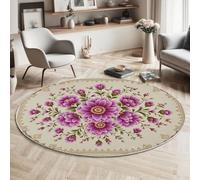 MLSOWM Tappeto Rotondo Stile Dinastia 120cm Tappeto a Pelo Corto Bordo Floreale Antiscivolo Lavabile Facile da Pulire per Soggiorno, Camera da Letto, Camera dei Bambini, Viola