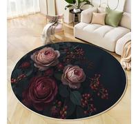 MLSOWM Tappeto Rotondo Stile Fotografico Malinconico Tappeto a Pelo Corto Rose E Bacche Tappeti Lavabili Antiscivolo Extra Morbido e Fluffy per Soggiorno, Camera da Letto, Cucina, 80cm, Verde Scuro