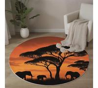 MLSOWM Tappeto Rotondo Tramonto Nella Savana Africana Tappeto e Morbido a Pelo Corto Sagoma Di Elefante Tappeti Antiscivolo Lavabile per Camera da Letto Soggiorno Scendiletto Ufficio, 60cm, Arancia