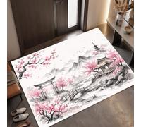 MLSOWM Zerbino d'Ingresso Interno Paesaggio Retrò Giapponese 60x120 cm | Tappeto Fiori Ciliegio Architettura A Pagoda Antiscivoloo Antiscivolo e, per Entrata, Porta e Corridoio, Facile da Pulire