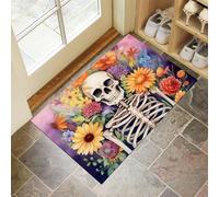 MLSOWM Zerbino Ingresso Casa da Esterno, 60x120 cm Tappetino Teschio Di Fiori Antiscivolo e Lavabile Zerbino d'Ingresso Stile Acquerello Ultra Assorbente Tappeto per Cane, Porta e Corridoio - Giallo