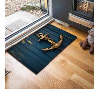 MLSOWM Zerbino per Ingresso 40 x 60 cm Tappeto Lavabile a Pelo Corto Ancora Di Legno Tappetino Antiscivolo Tema Nautico Zerbini di Benvenuto per Ingresso, Cucina, Bagno, Camera da Letto - Blu Navy