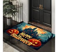 MLSOWM Zerbino Tema Di Halloween Trappola Sporco, Tappetino Antiscivolo Lavabile in Lavatrice, Zucche E Castelli, Zerbino d'Ingresso Morbide Assorbenti per Cane, Ingresso, Port, 40 x 60 cm, Blu-Verde
