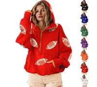 Mlthcig Womens Game Day Sweatshirts Football Sequin Hoodies with Pocket Women Hooded Zipper Sequins Tops Sparkly Hoodie Glitter(Red,XL)