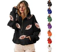 Mlthcig Womens Game Day Sweatshirts Football Sequin Hoodies with Pocket Women Hooded Zipper Sequins Tops Sparkly Hoodie Glitter(Nero,Large)