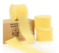 Mlurcu Nastro in chiffon giallo, 2,5 cm x 20,9 m, frange fatte a mano, seta, boho sfilacciato, giallo crema, confezioni regalo, inviti di nozze, bouquet di fiori da sposa