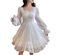 Mluvpxey Vestito Estivo White Kawaii Dress Women Chiffon Lolita Style Long Sleeve Mini Dresses Bow Fairy Ruffles Patchwork (Color : White, Size : L)