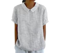 Mlykosd Camicetta da donna con colletto Peter Pan, blu/bianco, a righe, a maniche corte, per il tempo libero, grigio., XXL