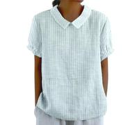 Mlykosd Camicetta da donna con colletto Peter Pan, blu/bianco, a righe, a maniche corte, per il tempo libero, Azzurro, XL