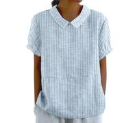 Mlykosd Camicetta da donna con colletto Peter Pan, blu/bianco, a righe, a maniche corte, per il tempo libero, Celeste., XL