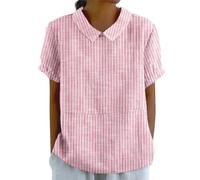 Mlykosd Camicetta da donna con colletto Peter Pan, blu/bianco, a righe, a maniche corte, per il tempo libero, Rosa acceso., XL