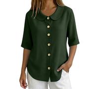 Mlykosd Camicetta da donna con colletto Peter Pan, in lino, a maniche corte, elegante, per tutti i giorni, Blackish Green, XL