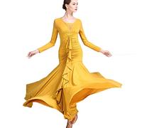 MLYYX Abbigliamento da Ballo per Allenamento di Tango Valzer con Scollo A V Abiti da Ballo per Spettacoli da Sala da Ballo Abiti da Ballo di società Moderni A Maniche Lunghe,Turmeric,XL