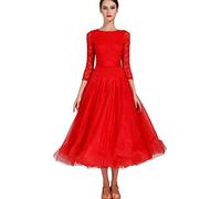 MLYYX Abiti da Ballo Classici Costume da Tango Moderno con Scollo Tondo Abito da Valzer in Pizzo A Maniche Lunghe Grande Swing Gonna A Trapezio,Rosso,S