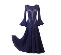MLYYX Abiti da Ballo Classici da Donna Abiti da Valzer con Scollo Rotondo Abiti da Danza Moderna A Maniche Lunghe per Spettacoli Gonna da Tango Senza Schienale,Navyblue,S