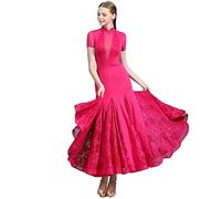 MLYYX Abiti da Ballo da Sala con Collo Alto Costumi da Spettacolo di Valzer Standard Nazionale A Maniche Corte Abbigliamento da Ballo Latino Moderno con Giunture A Rete Gonna A Ruota Grande,Rosso,L