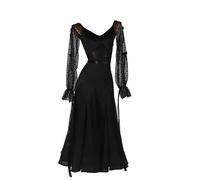 MLYYX Abiti da Ballo da Sala con Scollo A V per Donna Abbigliamento in Rete per Danza del Valzer Abbigliamento da Danza Moderna A Maniche Lunghe Gonna da Tango Semplice,Nero,M