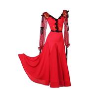 MLYYX Abiti da Ballo da Sala con Scollo A V per Donna Abbigliamento in Rete per Danza del Valzer Abbigliamento da Danza Moderna A Maniche Lunghe Gonna da Tango Semplice,Rosso,L