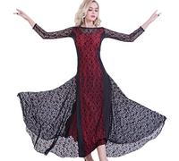 MLYYX Abiti da Ballo da Sala da Ballo per Le Donne Costume da Allenamento per Salsa di Valzer A Maniche Lunghe in Pizzo Abito da Ballo Sociale Tango Norma Nazionale Abito da Pratica Moderno,Rosso,S