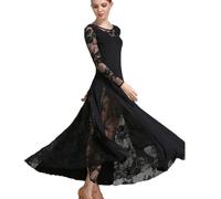 MLYYX Abiti da Ballo da Sala in Pizzo Abito da Donna con Schiena Scoperta, Stile Valzer E Tango Costumi da Danza Moderna A Maniche Lunghe Gonna Ampia A Trapezio vestibilità Slim,Nero,S
