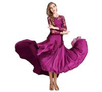 MLYYX Abiti da Ballo da Sala in Pizzo Gonna da Gara per Valzer Moderno da Donna Costumi da Tango A Maniche Lunghe Abito da Allenamento Latino Americano con Scollo A V,Viola,M