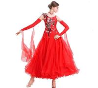 MLYYX Abiti da Ballo da Sala Ricamati per Le Donne Giunzione A Rete Abito da Concorso Moderno Valzer Costumi di Danza Tango Senza Spalline Grande Altalena Abbigliamento da Ballo,Rosso,3XL