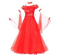 MLYYX Abiti da Ballo da Sala Senza Spalline per Le Donne Costume da Spettacolo di Tango Valzer con Giunture in Pizzo Maniche Corte Abito da Ballo Standard Nazionale di Salsa Moderna,Rosso,L