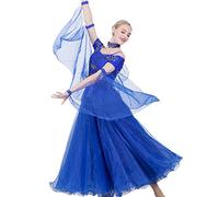 MLYYX Abiti da Ballo da Sala Senza Spalline per Le Donne Costume da Spettacolo di Tango Valzer con Giunture in Pizzo Maniche Corte Abito da Ballo Standard Nazionale di Salsa Moderna,Blu,L