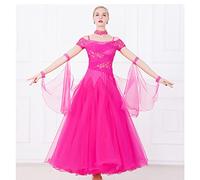 MLYYX Abiti da Ballo da Sala Senza Spalline per Le Donne Costume da Spettacolo di Tango Valzer con Giunture in Pizzo Maniche Corte Abito da Ballo Standard Nazionale di Salsa Moderna,Rosa,S