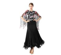 MLYYX Abiti da Ballo da Sala Stampati per Donna Costume da Allenamento per Valzer E Tango con Scollo A V Abito da Ballo Latino in Rete Gonna da Allenamento Moderna Great Swing,Nero,S
