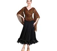 MLYYX Abiti da Ballo da Sala Stampati per Donna Costume da Allenamento per Valzer E Tango con Scollo A V Abito da Ballo Latino in Rete Gonna da Allenamento Moderna Great Swing,Leopard Print,XL