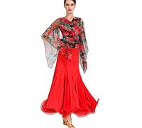 MLYYX Abiti da Ballo da Sala Stampati per Donna Costume da Allenamento per Valzer E Tango con Scollo A V Abito da Ballo Latino in Rete Gonna da Allenamento Moderna Great Swing,Safflower,S