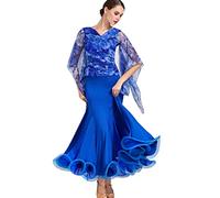 MLYYX Abiti da Ballo da Sala Stampati per Donna Costume da Allenamento per Valzer E Tango con Scollo A V Abito da Ballo Latino in Rete Gonna da Allenamento Moderna Great Swing,Sapphire Flower,XL
