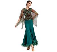 MLYYX Abiti da Ballo da Sala Stampati per Donna Costume da Allenamento per Valzer E Tango con Scollo A V Abito da Ballo Latino in Rete Gonna da Allenamento Moderna Great Swing,Dark Green Flowers,XXL