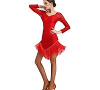 MLYYX Abiti da Ballo Latino per Le Donne Abito da Sala da Ballo con Nappe E Strass Salsa di Addestramento di Tango Costume da Ballo Abito Cha Cha A Maniche Lunghe,Rosso,S