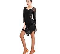 MLYYX Abiti da Ballo Latino per Le Donne Abito da Sala da Ballo con Nappe E Strass Salsa di Addestramento di Tango Costume da Ballo Abito Cha Cha A Maniche Lunghe,Nero,XXL