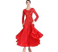 MLYYX Abiti da Ballo per Salsa in Pizzo Abiti da Valzer con Scollo A V per Donna Abiti da Spettacolo Moderni A Maniche Lunghe Abbigliamento da Ballo Standard per Feste di Tango,Rosso,L