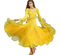 MLYYX Abiti da Concorso di Ballo da Ballo per Donna Costume da Valzer con Scollo A V Abito da Ballo per Spettacoli di Tango A Maniche Lunghe Abbigliamento da Ballo Foxtrot Senza Schienale,Giallo,XXL