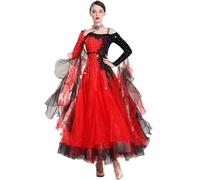 MLYYX Abiti da Concorso di Ballo da Sala da Donna Colletto Asimmetrico Modern Valzer Standard Costumes Abiti da Ballo di Salsa di Tango Lucido Abbigliamento da Ballo di Grande Altalena,Rosso,L