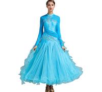 MLYYX Abiti da Concorso di Ballo da Sala da Ricamo Costume da Spettacolo di Valzer Moderno A Maniche Lunghe Abbigliamento da Ballo Professionale per Tango Valzer,Lakeblue,L