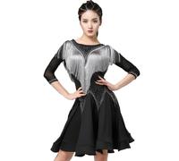 MLYYX Abito da Ballo Latino con Frange da Donna Costume da Ballo da Sala da Ballo con Maniche A 2/3 E Scollo Tondo Abiti da Allenamento Tango con Scollo A V sul Retro con I Pantaloncini,Nero,XXL