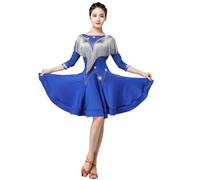MLYYX Abito da Ballo Latino con Frange da Donna Costume da Ballo da Sala da Ballo con Maniche A 2/3 E Scollo Tondo Abiti da Allenamento Tango con Scollo A V sul Retro con I Pantaloncini,Blu,XXL