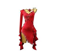 MLYYX Abito da Ballo Latino Salsa con Scollo a V da Donna Completo da Ballo da Sala da Tango a Manica Singola Costumi da Competizione Cha Cha Vuoti Strass per la Danza Moderna,Winered,4XS