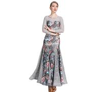 MLYYX Costume da ballo da sala con stampa abiti moderni con puntura a rete secondo lo standard nazionale, elegante Cha Cha Performance Abbigliamento da ballo in pizzo Valzer Vestito da esercitazione