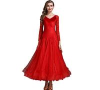 MLYYX Costume da Ballo da Sala da Donna Costume da Tango in Pizzo con Scollo A V Velluto A Maniche Lunghe Abbigliamento da Ballo di Formazione Valzer Moderno Gonna A Trapezio,B,M