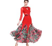 MLYYX Costume da Ballo Latino con Giunture A Rete Abiti da Ballo da Sala Stampati per Donna Abito da Ballo per Spettacoli di Flamenco E Valzer Abito da Salsa,Rosso,S
