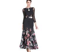 MLYYX Costume da Ballo Latino con Giunture A Rete Abiti da Ballo da Sala Stampati per Donna Abito da Ballo per Spettacoli di Flamenco E Valzer Abito da Salsa,Nero,XXL