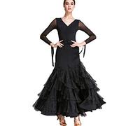 MLYYX Costume da Salsa Moderna con Scollo A V Abiti da Ballo da Sala da Donna Abito da Ballo Standard Nazionale A Maniche Lunghe in Rete Abito da Ballo Valzer Tango,Nero,L