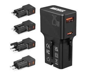 MMOBIEL Adattatore Universale da Viaggio 25W - Adattatore da Viaggio in Tutto Mondo - Adapter Internazionale con USB-C 25W e USB-A 18W Porte Ricarica per USA, UK, EU, AUS, CN, JP - Formato Pocket